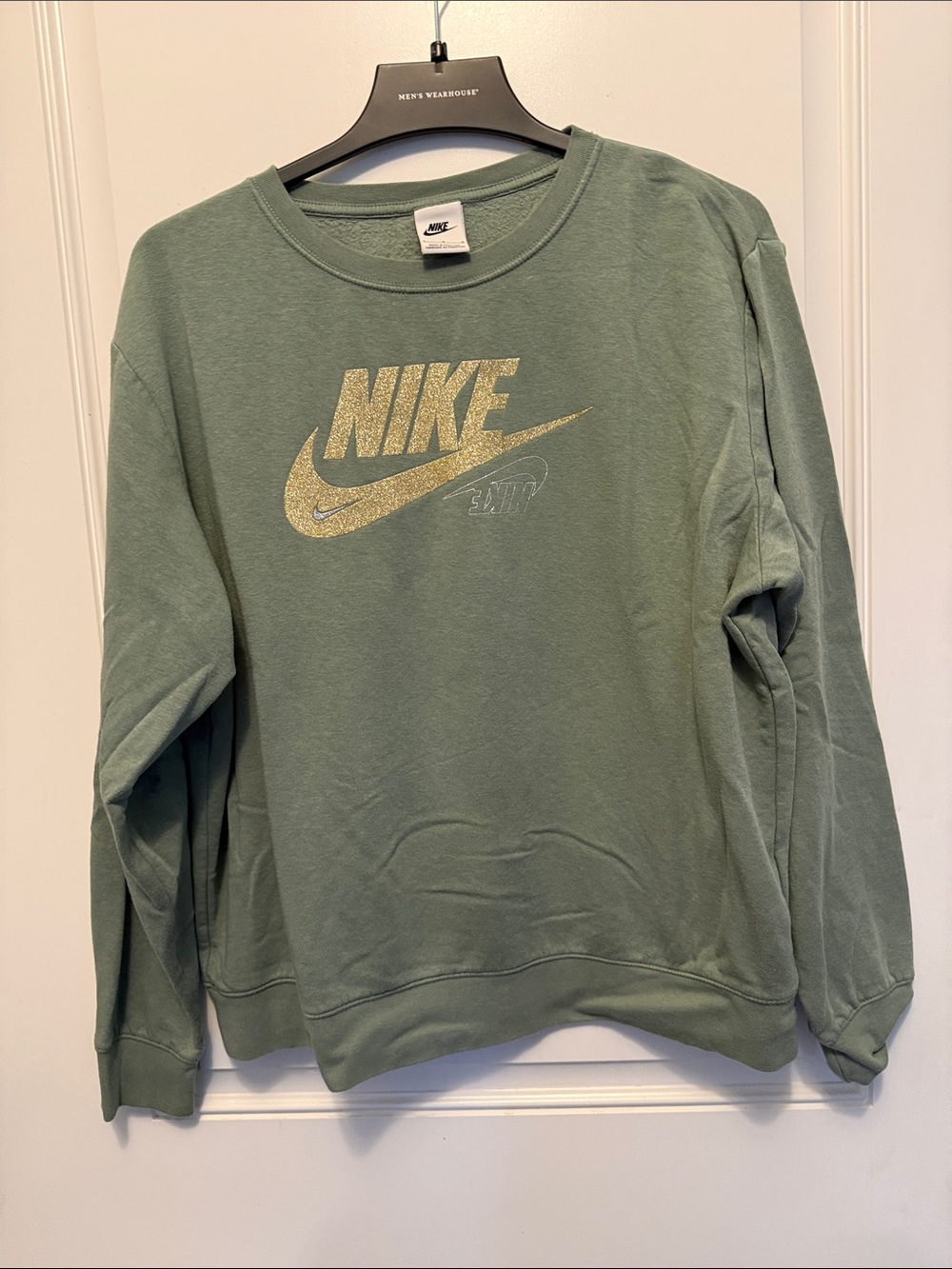 Nike Women's Sage Green Crewneck Sweatshirt with Gold Logo size large
